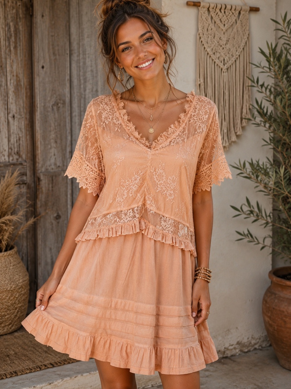 POL Peach Lace Ruffle V‑Neck Dress 🍑 ☀️